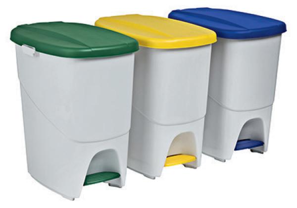 Treteimer PP, hellgrau, farbiger Deckel, 40 Ltr., mit Mittelsteg zur Mülltrennung